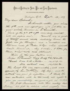 Bernard R. Green to Thomas Lincoln Casey, September 13, 1887