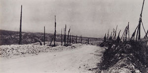 View of empty road lined with barbed wire