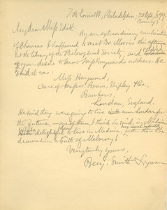 Letter from Benjamin Smith Lyman to Miss Edith