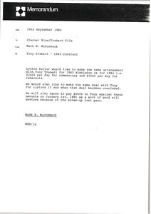 Memorandum from Mark H. McCormack to Channel Nine Trabert file
