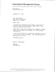 Letter from Mark H. McCormack to John Carson