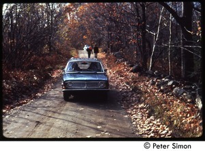 Car driving down a dirt road in fall, Tree Frog Farm commune