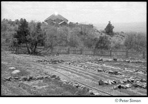 Garden plot at the Lama Foundation, the dome in the background