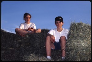 Two children on hay truck, Wendell Farm