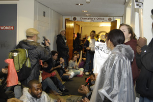 UMass student strike: strikers occupying the hallways in Whitmore Hall leading to the Chancellor's office