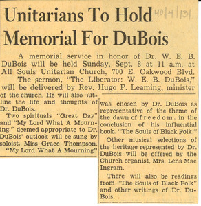 Unitarians to hold memorial for DuBois
