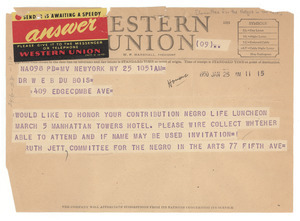 Telegram from Committee for the Negro in the Arts to W. E. B. Du Bois