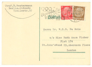 Postcard from Diedrich Westermann to W. E. B. Du Bois