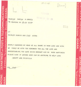 Telegram from Abbott and Priscilla Simon to Shirley Graham Du Bois