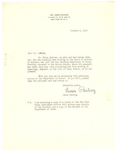 Letter from Linus Pauling to W. E. B. Du Bois