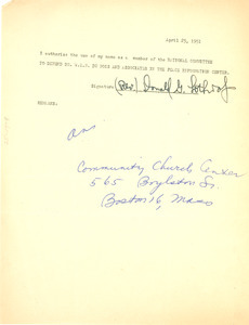 Form letter from Rev. Donald G. Lothrop to National Committee to Defend Dr. W. E. B. Du Bois and Associates in the Peace Information Center