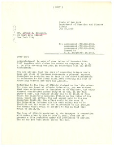 Letter from New York State Department of Taxation and Finance to Arthur B. Spingarn