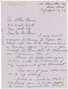 Letter from Mrs. Louis Kopecky to W. E. B. Du Bois