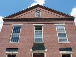 Montague Center Library: exterior view looking up at the front entrance to the library