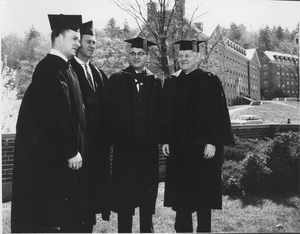 Charter Day: Gordon Oakes, Governor Endicott Peabody, President John W. Lederle, and Bishop Christopher J. Weldon outside Totman Gymnasium