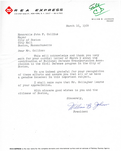 Letter from the President of Railway Express Agency William B. Johnson to Mayor John Collins