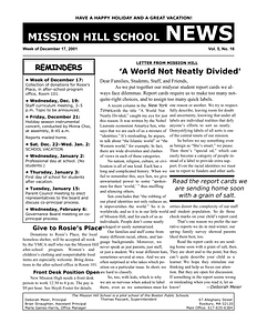 Mission Hill School newsletter, December 17, 2001