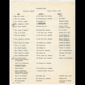 Attendance lists for Clergy Committee on Renewal meeting held March 9, 1962