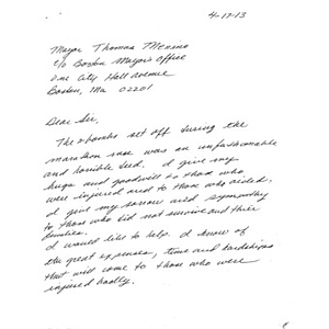 Letter from a woman in San Jose, California sent to Mayor Menino after the 2013 Boston Marathon bombings