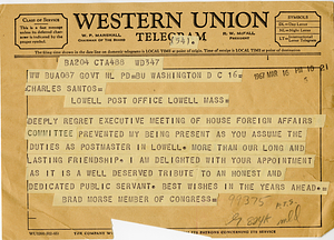 Telegram from Brad Morse to Charles Santos Jr.