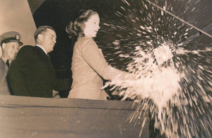 Margaret Elizabeth Clarke (McWethy) christening an LST in Hingham Shipyard