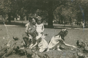 Mom and her girls feeding pigeons on the Common