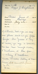 Tewksbury Almshouse Intake Record: Brightman, Lizzie J.