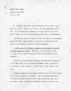 Senator Paul Tsongas speech to the Senate regarding jobs and National Forest Amendment