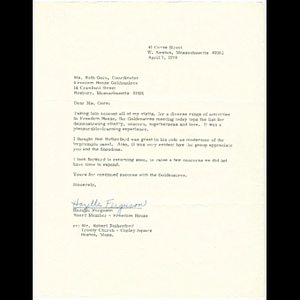 Letter from Hazelle Ferguson to Ruth Gore about Roxbury Goldenaires