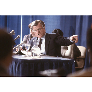 Senator Edward Kennedy points while speaking at a hearing on proposed cuts in student financial aid