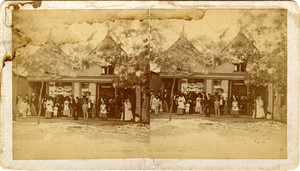 Stereograph of a group of people in front of a commercial building, Oak Bluffs, Mass., ca. 1870