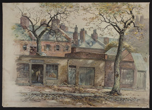 [View of row of houses and stores.]