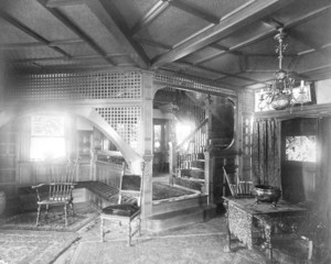 Interior view of unidentified house, hall, Longwood, Brookline, Mass., undated