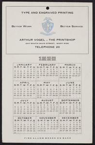 Trade card for Arthur Vogel, The Printshop, type and engraved printing, 234 South Main Street, Manchester, New Hampshire, 1920