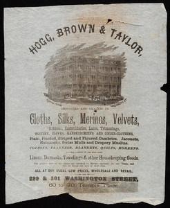 Wrapping paper for Hogg, Brown & Taylor, importers and dealers in cloths, silks, merinos, velvets, 299 & 301 Washington Street, 60 to 70 Temple Place, Boston, Mass., undated