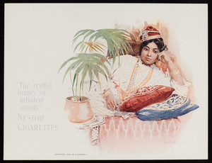 Trade card for Nestor Cigarettes, woman smoking a cigarette, Nestor Gianaclis Company, Cairo, Boston, London, 1899