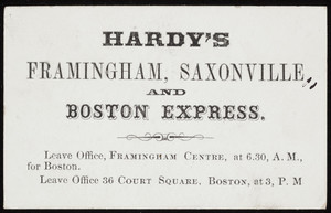 Trade card for Hardy's Framingham, Saxonville and Boston Express, location unknown, undated