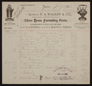 Billhead for F.A. Walker & Co., choice house furnishing goods, 83 & 85 Cornhill and 6 & 8 Brattle Streets, Boston, Mass., dated July 1, 1892