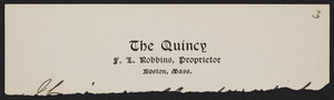 Letterhead for The Quincy, hotel, Brattle Square, Boston, Mass., undated
