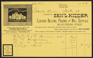 Billhead for Sam'l Kidder, leather belting, packing and mill supplies, No. 60 Federal Street, Boston, Mass., dated August 14, 1893