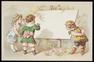 Trade card, three children stand in front of a blank easel, location unknown, undated