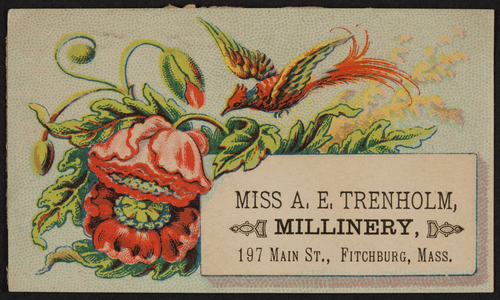 Trade card for Miss A.E.Trenholm, millinery, 197 Main Street, Fitchburg, Mass., undated