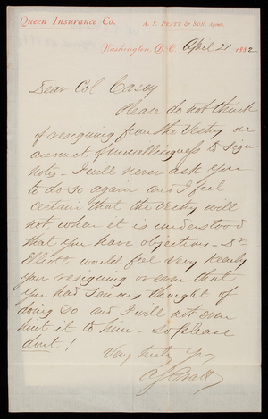 A. S. Pratt to Thomas Lincoln Casey, April 21, 1882