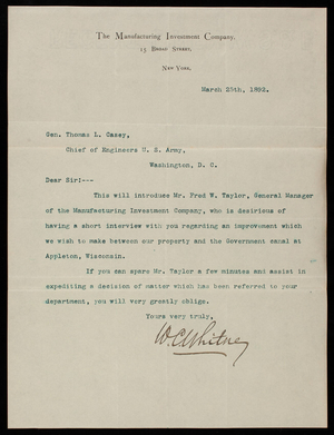 W. C. Whitney to Thomas Lincoln Casey, March 25, 1892
