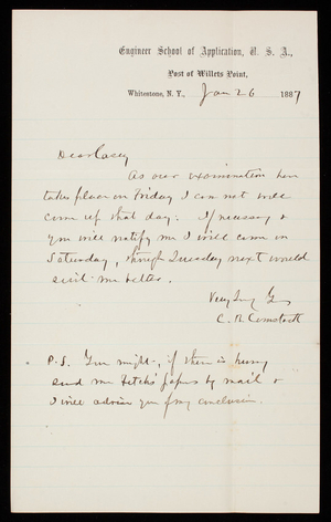 [Cyrus] B. Comstock to Thomas Lincoln Casey, January 26, 1887