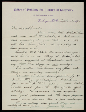 [Bernard R.] Green to Thomas Lincoln Casey, September 17, 1890
