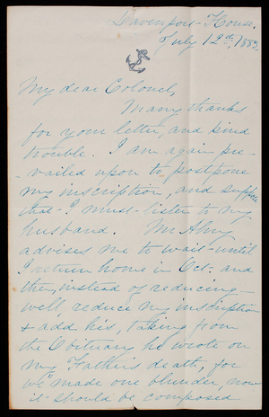 Alida G. Almy to Thomas Lincoln Casey, July 12, 1883