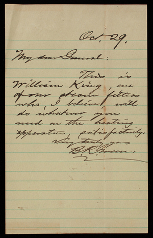 Bernard R. Green to Thomas Lincoln Casey, October 29, 1891