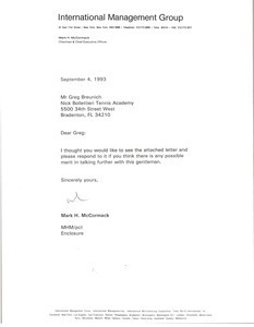 Letter from Mark H. McCormack to Greg Breunich