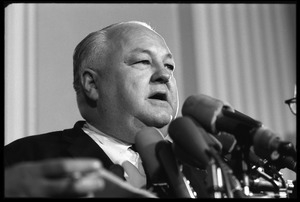 Congressman Joe R. Pool at a press conference, associated with the House Un-American Activities Committee hearings on New Left activists and the antiwar movement